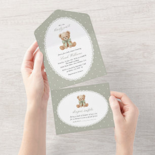 Invitation Tout En Un Nounours, Arc, Points verts, Baby Shower
