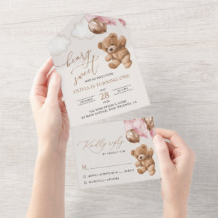 Invitation Tout En Un Nounours en peluche, Ballons roses, Premier annive