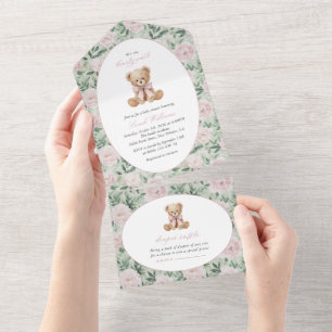 Invitation Tout En Un Nounours, Nœud Rose, Fleurs Roses, Baby Shower