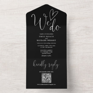 Invitation Tout En Un Nous Aimons Coeur QR Code Mariage noir et blanc