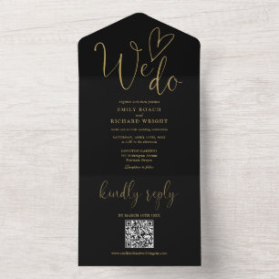 Invitation Tout En Un Nous Aimons Coeur QR Code Noir Et Mariage Or