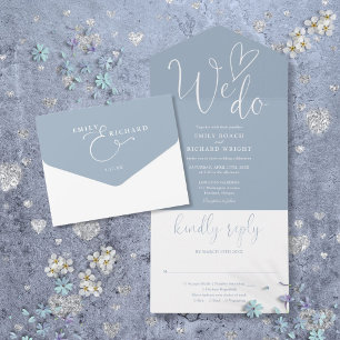 Invitation Tout En Un Nous aimons Coeur Script Dusty Blue Mariage