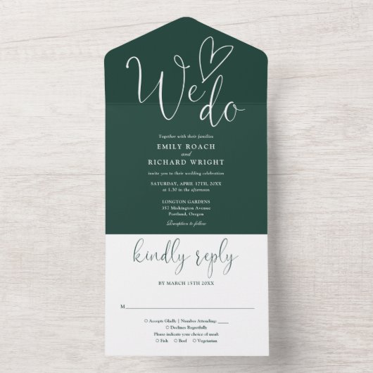 Invitation Tout En Un Nous aimons Coeur Script Emerald Green Mariage (À l'intérieur)