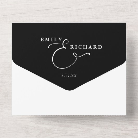 Invitation Tout En Un Nous Aimons Coeur Script Mariage noir et blanc (Verso)