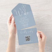 Invitation Tout En Un Nous aimons le coeur QR Code Dusty Mariage bleu (Déchirure)