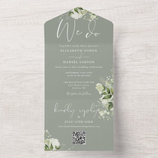 Invitation Tout En Un Nous faisons de la verdure QR Code Monogramme Sage (À l'intérieur)