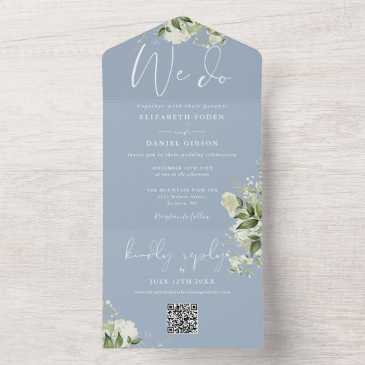 Invitation Tout En Un Nous faisons la verdure Code QR Monogramme Bleu Po (À l'intérieur)