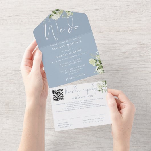 Invitation Tout En Un Nous faisons la verdure Monogramme Code QR Bleu Po (Déchirure)