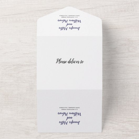 Invitation Tout En Un Nous faisons marine bleu blanc script mariage call (Dehors)