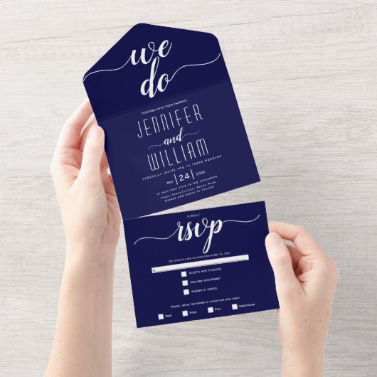 Invitation Tout En Un Nous faisons marine bleu blanc script mariage call (Déchirure)