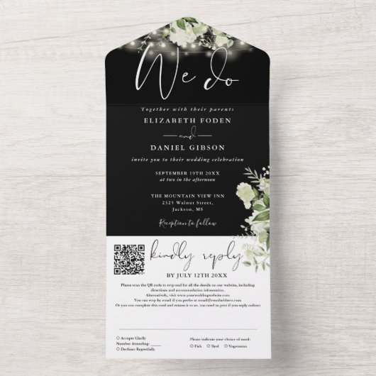 Invitation Tout En Un Nous faisons Verdure String Lights QR Code Mariage (À l'intérieur)