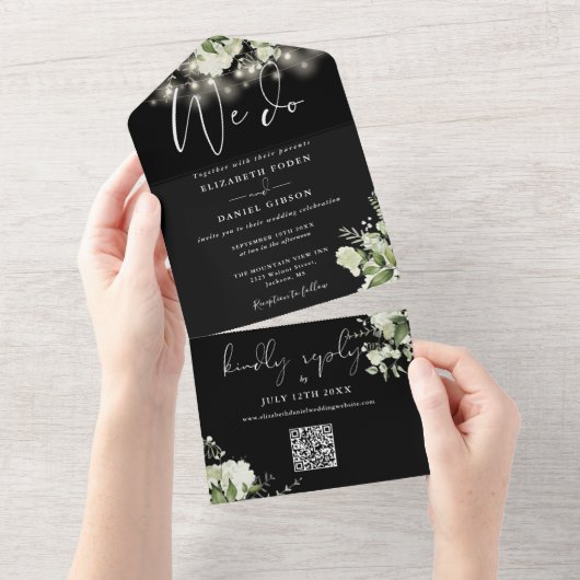 Invitation Tout En Un Nous faisons Verdure String Lights QR Code Mariage (Déchirure)