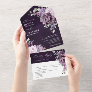 Invitation Tout En Un Nuances de pourpre Dusty fleurs Moody Floral Maria