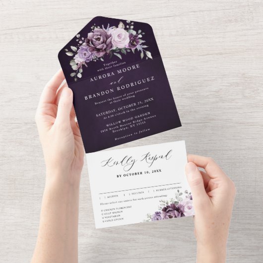 Invitation Tout En Un Nuances de pourpre Dusty fleurs Moody Floral Maria (Déchirure)