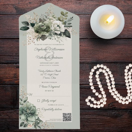 Invitation Tout En Un Nuances de vert Floral QR Code