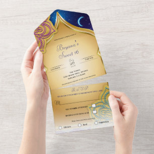 Invitation Tout En Un Nuits arabes sous la lune bleue Glamour Or Pourpre