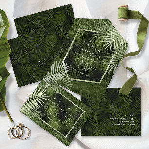 Invitation Tout En Un Oasis Olive Foncé Abstrait Motif de Palmier en Feu