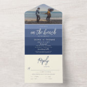 Invitation Tout En Un Ocean Blue Wave Stripes Plage Mariage Photo (À l'intérieur)