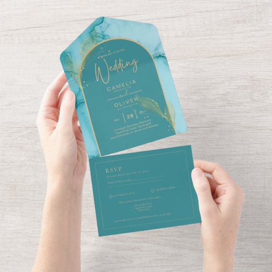Invitation Tout En Un Ocean Turquoise Turquoise Gold Mariage (Déchirure)