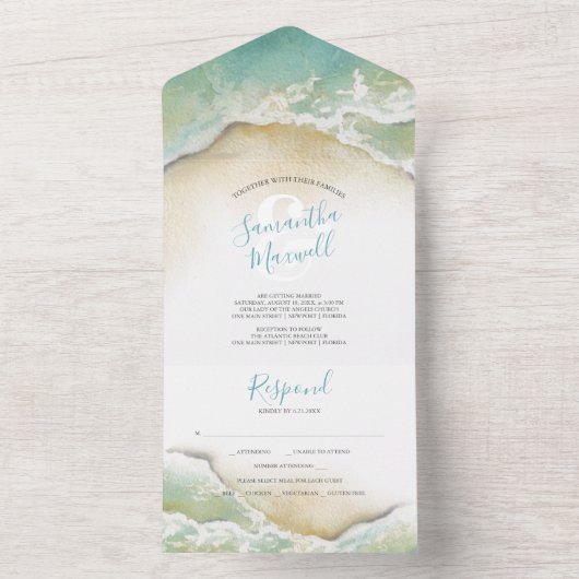 Invitation Tout En Un Ocean Waves Blue Aquarelle Tout en un (À l'intérieur)