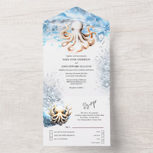 Invitation Tout En Un Octopus océan vagues bleu plage blanche mer côtièr (À l'intérieur)
