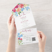 Invitation Tout En Un Oeillets roses rustiques et oublier mon code QR (Déchirure)