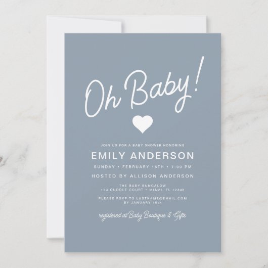 Invitation Tout en un Oh Baby Dusty Baby shower bleu (Devant)