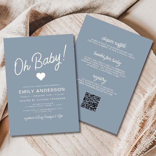 Invitation Tout en un Oh Baby Dusty Baby shower bleu