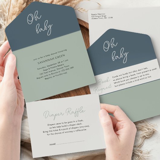 Invitation Tout En Un Oh Baby Sage Green Livres Diapers et Baby shower