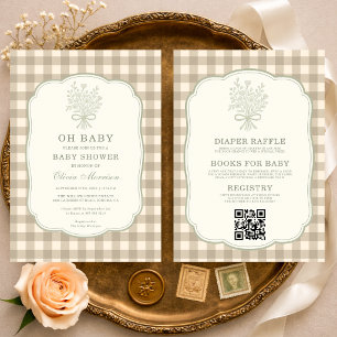 Invitation Tout en Un Oh Bébé Gingham Neutre pour la Fête de