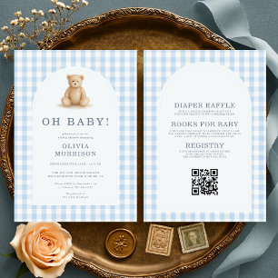 Invitation Tout en Un Oh Bébé Ours Gingham Bleu Baby Shower