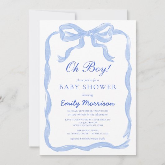 Invitation Tout en un Oh Boy Blue Ribbon Bow Baby shower (Devant)