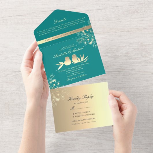 Invitation Tout En Un Oiseaux de l'amour sarcelle Mariage (Déchirure)