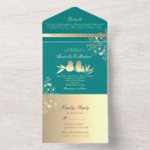 Invitation Tout En Un Oiseaux de l'amour sarcelle Mariage (À l'intérieur)