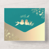 Invitation Tout En Un Oiseaux de l'amour sarcelle Mariage (Verso)