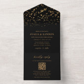 Invitation Tout En Un Oiseaux élégants Code QR Mariage noir et or (À l'intérieur)