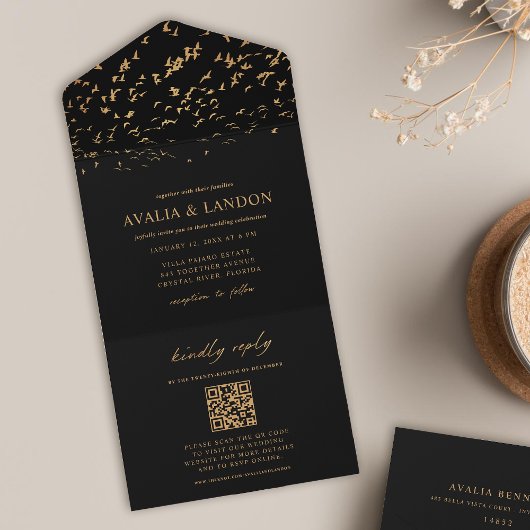 Invitation Tout En Un Oiseaux élégants Code QR Mariage noir et or