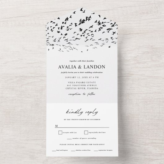 Invitation Tout En Un Oiseaux modernes d'un Mariage noir et blanc (À l'intérieur)