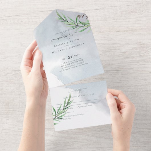 Invitation Tout En Un Olive Feuille Mariage Dusty Blue Lemon (Déchirure)