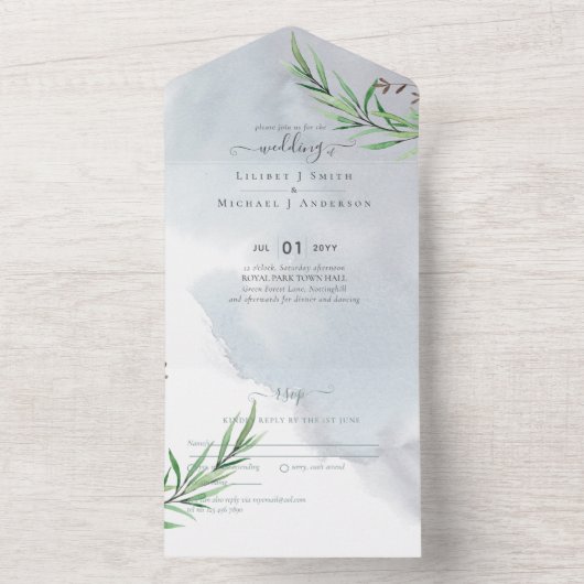 Invitation Tout En Un Olive Feuille Mariage Dusty Blue Lemon (À l'intérieur)