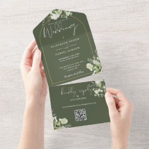 Invitation Tout En Un Olive Green Green Gold Arch Code QR Mariage