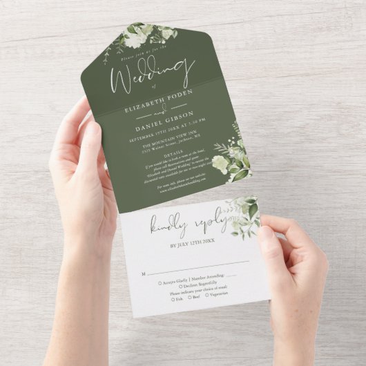 Invitation Tout En Un Olive Green Greenery Détails Floral RSVP Mariage (Déchirure)