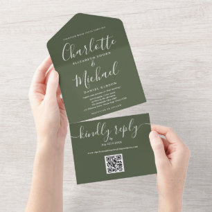 Invitation Tout En Un Olive Green QR Code minimaliste Mariage