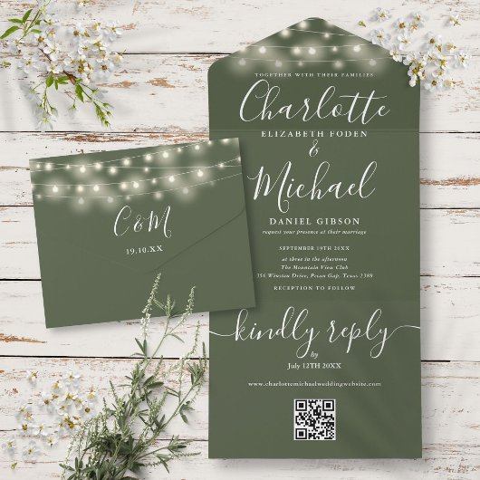 Invitation Tout En Un Olive String Lights QR Code Monogramme Mariage