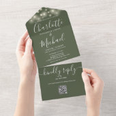 Invitation Tout En Un Olive String Lights QR Code Monogramme Mariage (Déchirure)