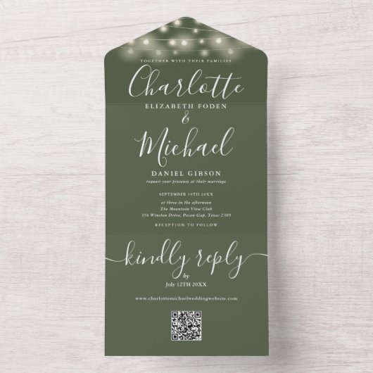 Invitation Tout En Un Olive String Lights QR Code Monogramme Mariage (À l'intérieur)