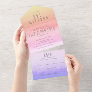 Invitation Tout En Un Ombre Sunset Rainbow Elegant BAT MITZVAH PERSONNAL