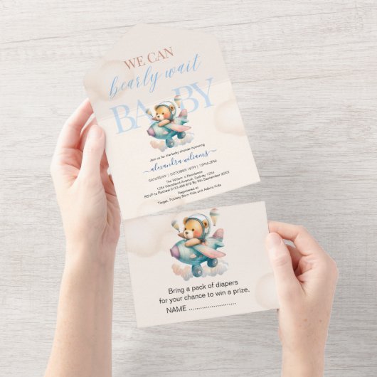 Invitation Tout En Un On peut attendre baby shower garçon (Déchirure)