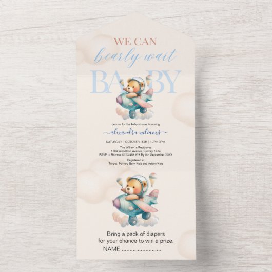 Invitation Tout En Un On peut attendre baby shower garçon (À l'intérieur)
