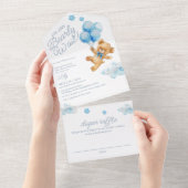 Invitation Tout En Un On peut attendre Teddy Bear Baby shower bleu (Déchirure)